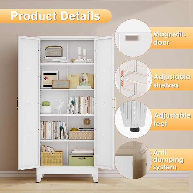 71" H Metal Kitchen Pantry Storage Cabinet, Freestanding Cupboard with 2 Doors and 4 Adjustable Shelves, Standing Storage for Kitchen, Bathroom, Garage, Dinning Room or Utility Room（White）-CasaMuseHome