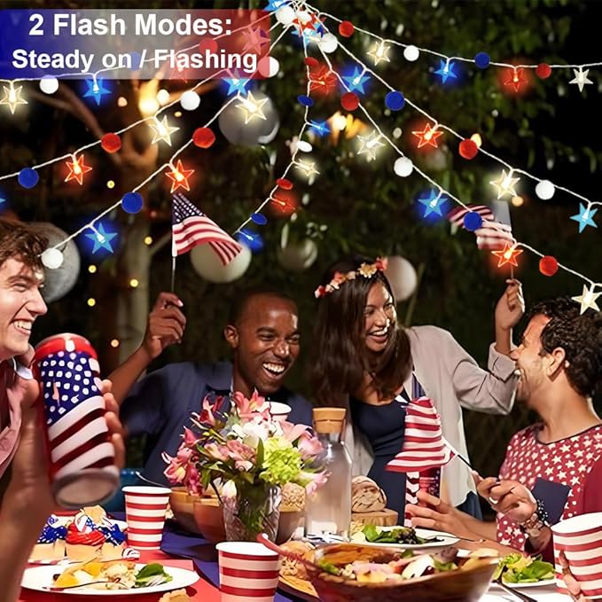 4th of July Decorations 9.85FT Red White and Blue Star String Lights Pom Pom Star Lights Battery Operated with Timer Fairy Lights for Independence Day Memorial Patriotic Fourth of July Decor for Home-CasaMuseHome