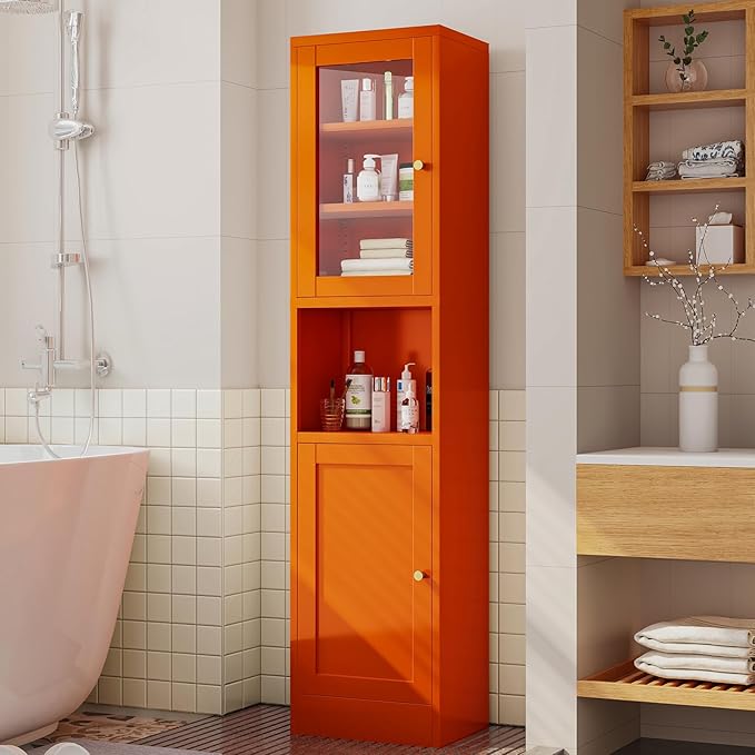 67" Tall Bathroom Storage Cabinet, Narrow Metal Floor Cabinet with Glass Door and Adjustable Shelves, Freestanding Metal Locker for Laundry, Kitchen, Dining Room-CasaMuseHome