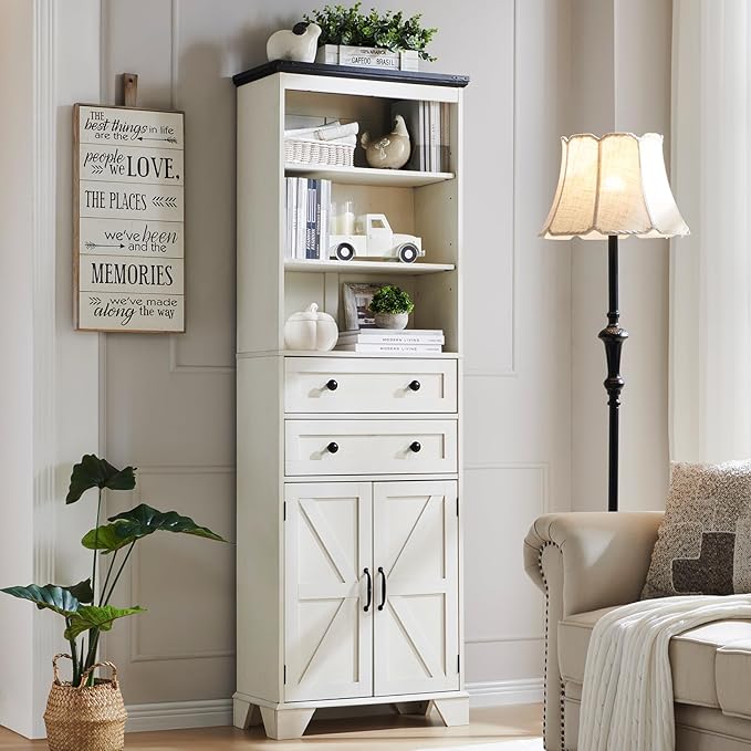 72" Tall Bathroom Storage Cabinet, Farmhouse Storage Cabinet with 2 Drawers, Adjustable Shelves & Barn Door, Cabinet for Bathroom, Living Room, Kitchen, Off White-CasaMuseHome