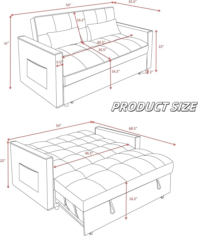 3 in 1 Sleeper Sofa Beds, Futon Sofa Bed for Living Room with Side Pocket, Sleepers Couch with Pullout Bed, Convertible Love Seat Sleepers Couch for Living Room, Bedroom, Small Space, Blue-CasaMuseHome
