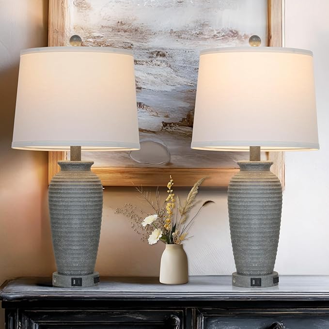 25" Grey Vintage Table Lamp Set of 2 Farmhouse Jar Table Lamps for Living Room，Touch Bedside Lamps with USB A+C Ports & AC Outlet, Pot Nightstand Lamps for Bedroom Living Room (LED Bulbs Included)-CasaMuseHome