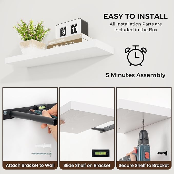 36 inch Floating Shelves Wall Shelves for Office with Invisible Brackets, 8 inch Deep Shelves for Bathroom, Living Room, Kitchen, Office, 36x7.9 inch deep Set of 2, White-CasaMuseHome