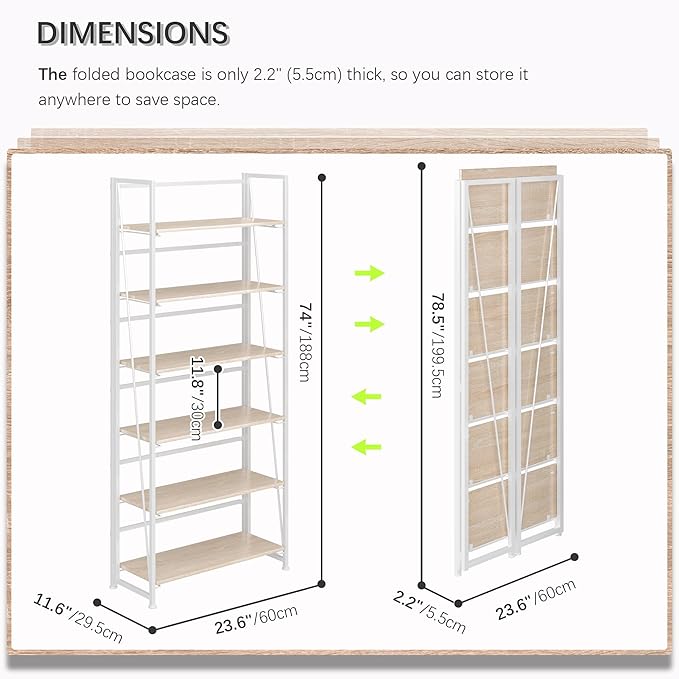 4NM No Assembly Foldable Bookshelf, 6-Shelf Collapsible Bookcase Storage for Small Spaces, 74" H, Natural White-CasaMuseHome