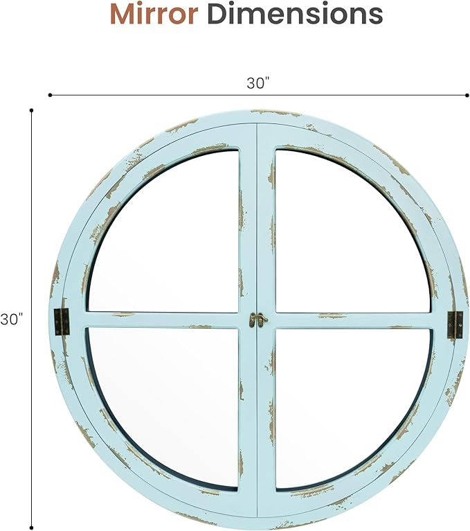 30" Round Window Mirror, Vintage Coastal Wall Mirror with Distressed Blue Wood Frame & Faux Windowpanes, Farmhouse Cottagecore Decor for Living Room, Entryway, or Dining Room-CasaMuseHome