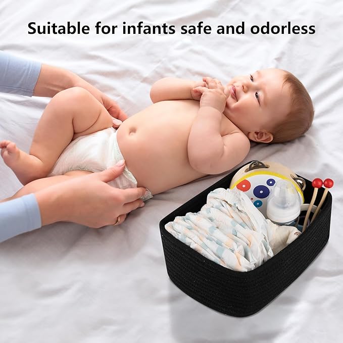 4 Pack Small Storage Shelf Baskets for Organizing, Mini Woven Rope Storage Bins for Towels, Cute Decorative Closet Organizer，Baby Nursery, Gift Empty Baskets -11.81''Lx7.87''Wx4.72''H-Black-CasaMuseHome