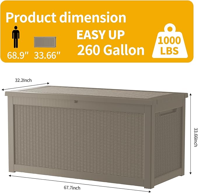 260 Gallon Double-Wall Resin Deck Box - Lockable Waterproof Outdoor Storage Box, 1000lbs Capacity & Doubles as Seating for Patio Furniture - Garden Tools, Pool Accessories (Brown)-CasaMuseHome