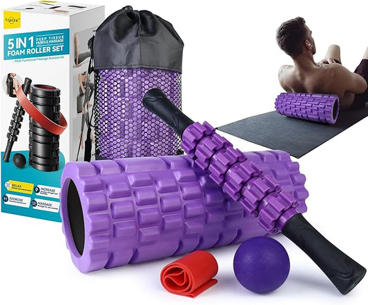 5 in1 Foam Roller Set, High Density Deep Tissue Massager for Muscle Massage, Massage Roller, Massage Ball, Resistance Band for Whole Body Physical Therapy Deep Muscle Massage (Purple)-CasaMuseHome