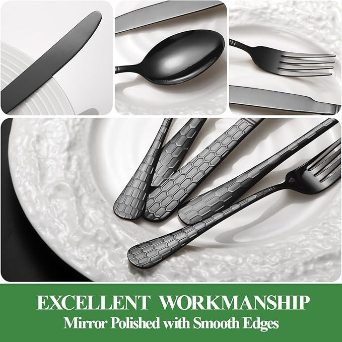 20 Pcs Black Silverware Set for 4 with Water Cube Handle design, Food Grade Stainless Steel Flatware Set, Eating Utensils Sets Include Fork/Knife/Spoon, Reusable Cutlery Set, Dishwasher Safe-CasaMuseHome