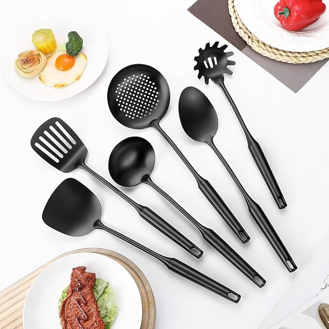 304 Stainless Steel Cooking Utensil,Kitchen Kitchen Utensil with Spatula, Solid Spoon, Ladle, Skimmer, Spaghetti Spoon, 6 Piece Set, Dishwasher Safe(Black)-CasaMuseHome