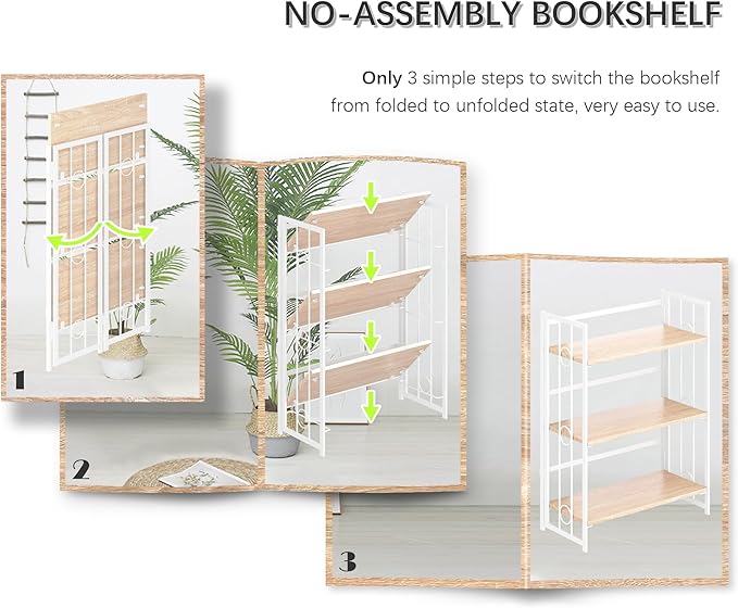 4NM No Assembly 3 Tiers Folding Bookshelf, 35" H Foldable Storage Shelves Vintage Bookcase Standing Racks Study Organizer Home Office - Natural White-CasaMuseHome
