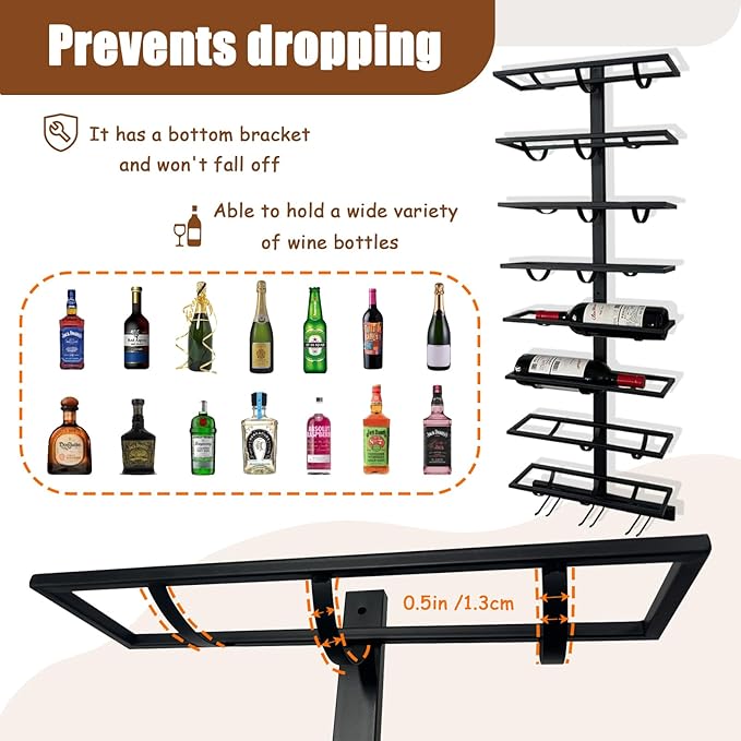 16 Bottle Wall Mount Wine Rack with Wine Glass Holder, Metal Wine Wall Rack, Wall Racks for Wine Bottles Display and Storage, Hanging Bottle Organizer for Living Dining Room Wine Cellar Bar (Black)-CasaMuseHome