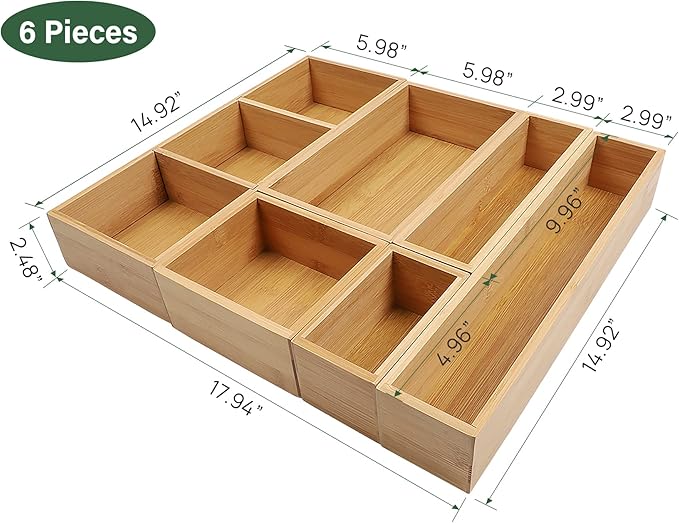 Kootek Bamboo Drawer Organizer with Removable Dividers, 6 Pcs Adjustable Kitchen Drawer Organizer Utensils Bamboo Organizers Silverware Storage Box Cutlery Tray Multi-Use for Bathroom, Makeup, Office-CasaMuseHome