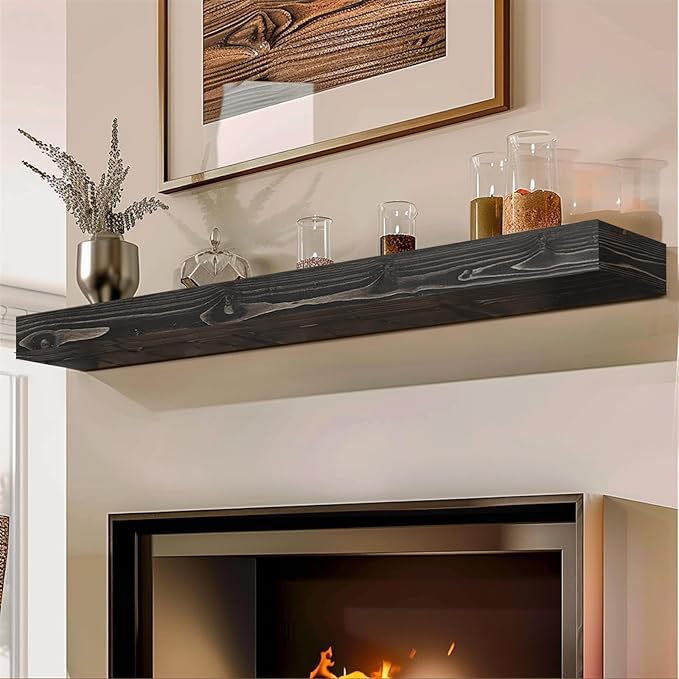 56x8x3 Fireplace Mantel - Handcrafted Hollow Rustic Solid Wood Wall Mounted Floating Shelf with Invisible Heavy Duty Wood Bracket (Weathered Black)-CasaMuseHome