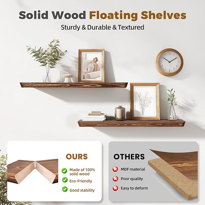36"x6.8"x1.6" Slanted Floating Wall Shelves 2-Pack - Rustic Brown Finish, Heavy-Duty Solid Wood Design with Hidden Brackets - Perfect for Living Room, Kitchen, Bathroom, or Office-CasaMuseHome