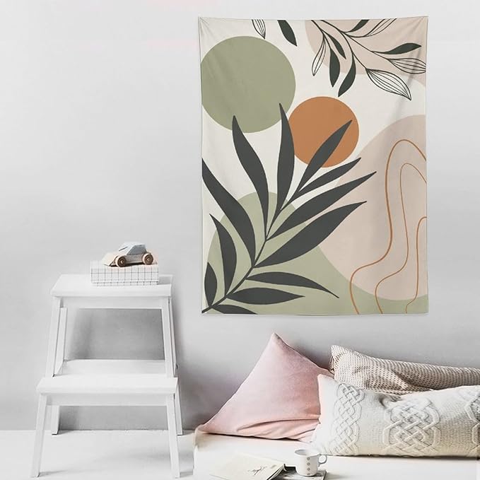 Abstract Bohemian Mid Century Tapestry, Tropical Leaves Modern Geometric Archway Minimalist Bohemian Botanical Aesthetic Wall Hanging, Sage Green Gold Home Decor Art for Bedroom 60x80 Inch-CasaMuseHome
