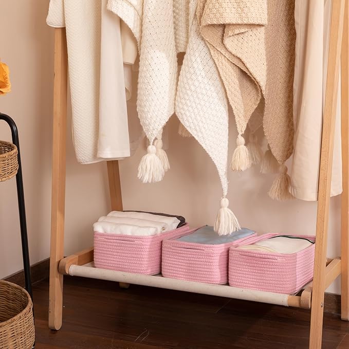 3 Pack Small Storage Baskets for Organizing, Cute Woven Decorative Gift Baskets for Shelves, Mini Closet Organizer Bins with Handles, 11.81''Lx7.87''Wx4.72''H-Pink-CasaMuseHome