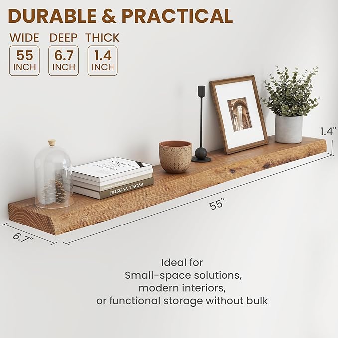 55" Floating Shelves, Live Edge Elm Wood Floating Shelf for Wall, Wall-Mounted Display Shelves with Invisible Heavy-Duty Bracket, Long Floating Shelf for Bathroom, Kitchen, Living Room, Natural Color-CasaMuseHome