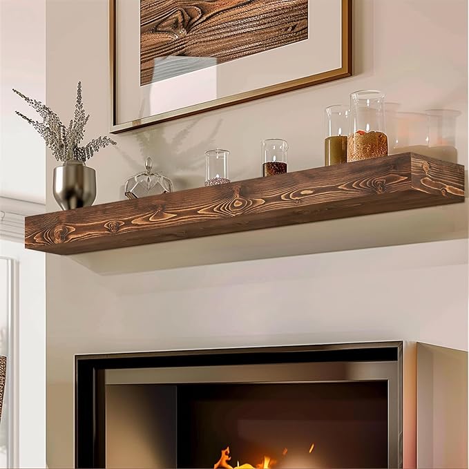 56x8x3 Fireplace Mantel - Handcrafted Hollow Rustic Solid Wood Wall Mounted Floating Shelf with Invisible Heavy Duty Wood Bracket (Weathered Brown)-CasaMuseHome
