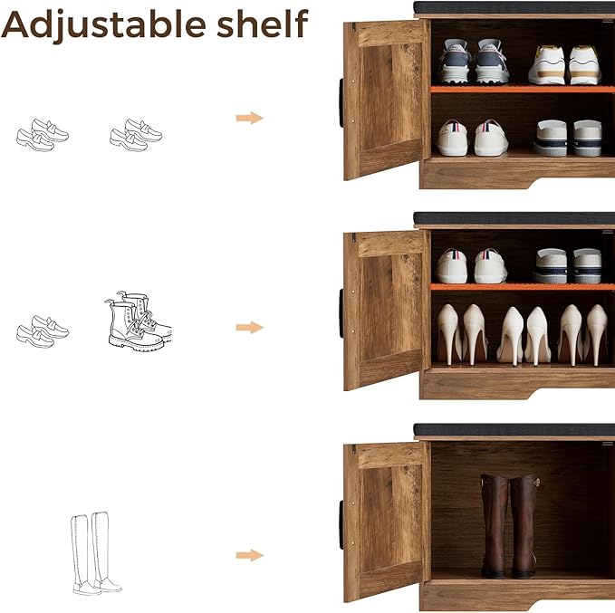 2-Tier Storage Bench, Shoe Bench with Padded Seat Cushion, Entryway Bench with 4 Barn Doors, Adjustable Shelf, 13.8" D x 47.2" W x 17.7" H, for Entryway, Living Room, Bedroom, Rustic Walnut-CasaMuseHome