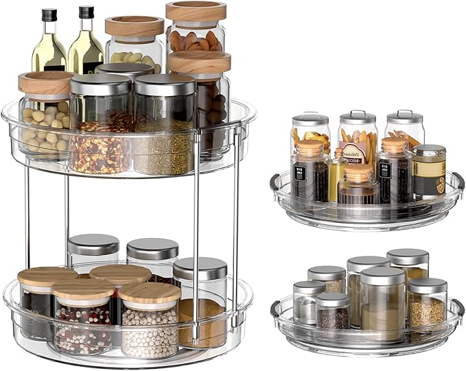 2 Pack Lazy Susan Organizer 9.25''and 11.81'' Two-Tier Lazy Susan Turntable for Cabinet, Spice Rack, and Pantry Storage - Spinning Makeup Organizer for Bathroom, Clear-CasaMuseHome