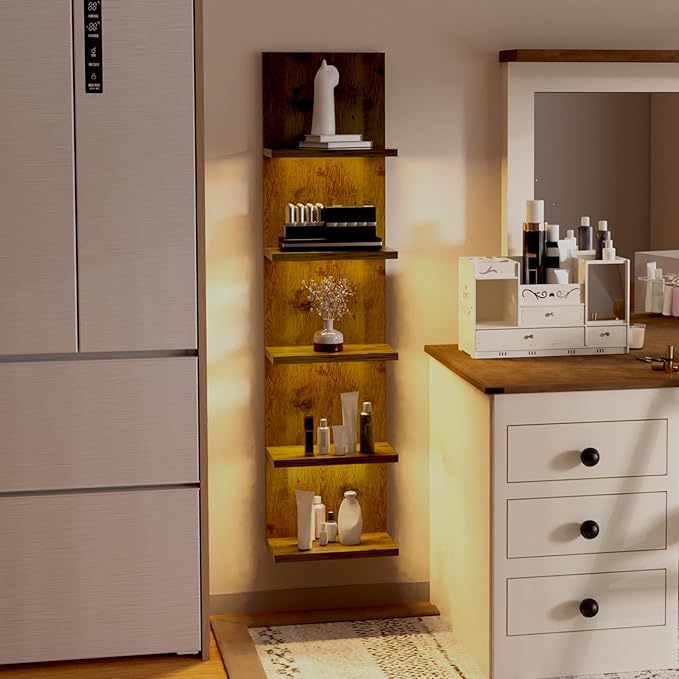 5 Tier Wall Shelf Unit, Modern Vertical Lack Wall Shelves with Light, Wall Mount, Floating Column Home Decor Shelves for Bedroom, Living Room, Vanity Storage Display(Dark Brown)-CasaMuseHome