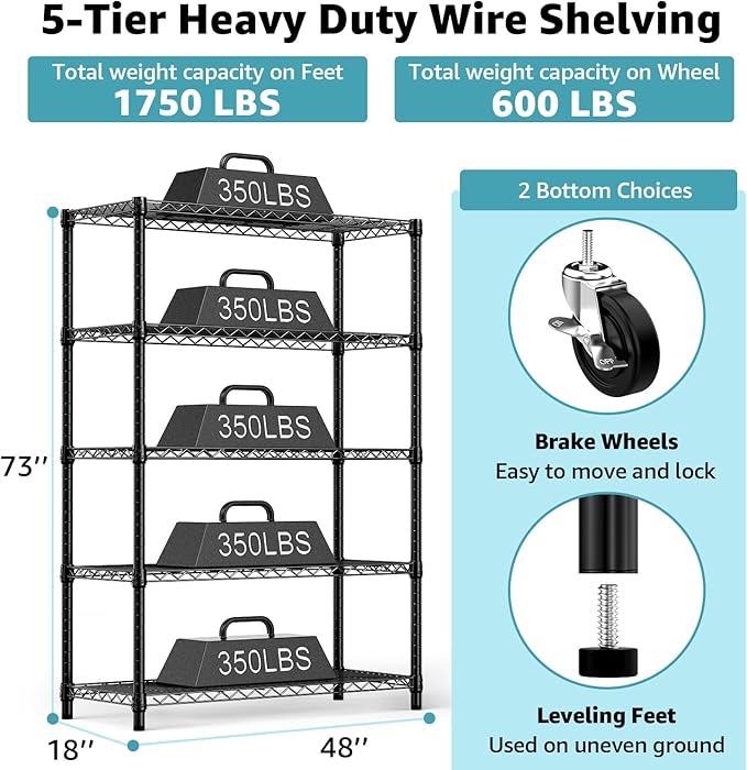 5-Shelf Storage Shelves,Wire Shelving Heavy Duty Metal Storage Shelving Unit Adjustable Garage Shelving Rack Pantry Kitchen (Black, 5 Tier,17.7" D x 47.2" W x 76.7" H)-CasaMuseHome
