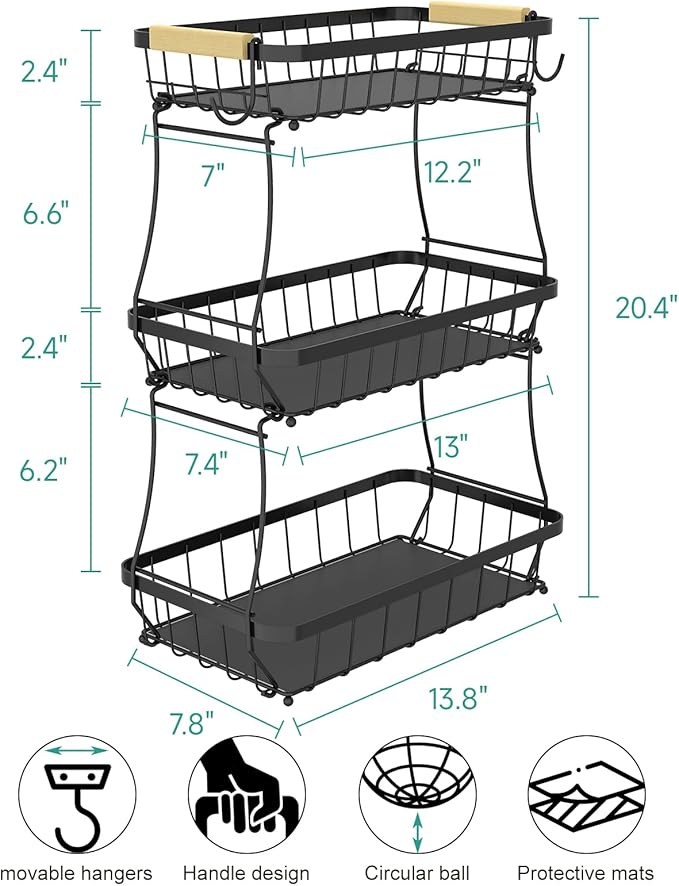 3 Tier Fruit Basket for Kitchen Counter with 2 Mobile Banana Hangers, 2025 Pro Detachable Metal Fruit Bowl with Wooden Handle, Fruit Holder for Bread Snack Veggies with Protective Mats-CasaMuseHome