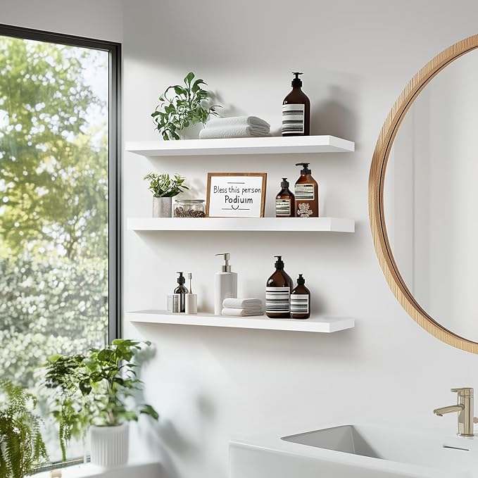 3-Pack Floating Wall Shelves, 24-Inch Rustic White Wooden Shelves for Storage and Décor, Easy Installation for Living Room, Bedroom, and Kitchen-CasaMuseHome