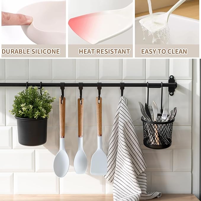 13-Piece silicone utensil set wood handle nonstick cookware safe dishwasher safe kitchen tools BPA free heat resistant (450°F/230°C) ceramic pan safe cooking gifts housewarming (White)-CasaMuseHome