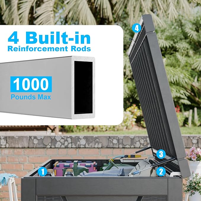 260 Gallon Large Resin Deck Box, Lockable Outdoor Storage Box for Patio Cushions Storage Furniture,Garden Tools, Pool Supplies, Weatherproof and UV Resistant-Black Rattan (260 Gallon)-CasaMuseHome