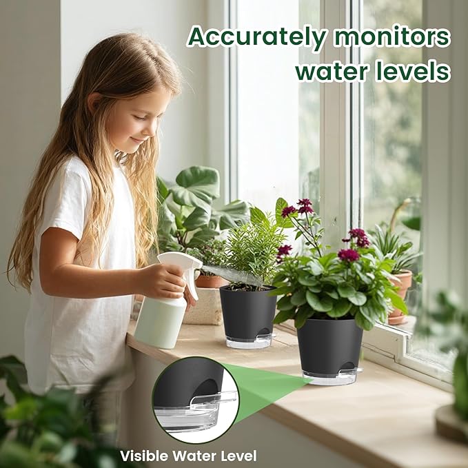 6 inch Self Watering Pots for Indoor Outdoor Plants, 3 Pack Flower Plant Pots with Drainage Holes and Clear Reservoirs, Visible Water Level, Plastic Planters with Wicking Rope, Black-CasaMuseHome