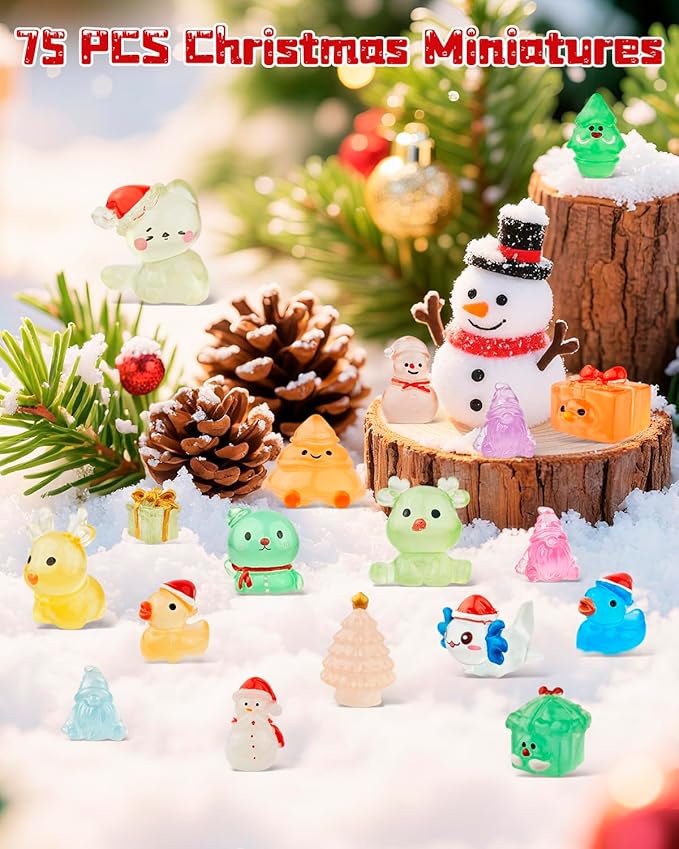 75 Pcs Miniature Christmas Figurines - Luminous Mini Resin Figures to Hide, Glow in The Dark Resin Animals for Micro Landscape Aquarium Fairy Garden Dollhouse Decor-CasaMuseHome