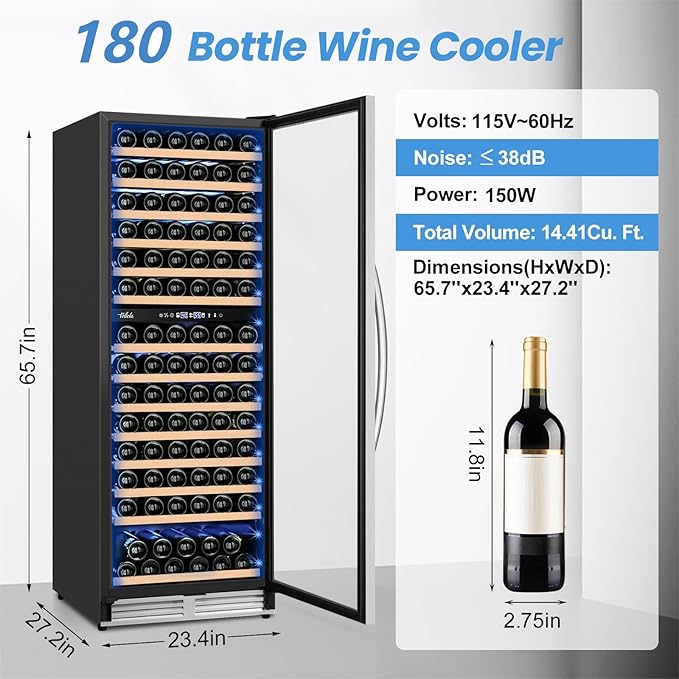 24 Inch Wine Fridge,180 Bottles Dual Zone Wine Cooler Refrigerator, Built-in or Freestanding Wine Refrigerator with Glass Door and Safety Lock, Low Noise, Large Wine Cellar for Home, Office, Kitchen-CasaMuseHome