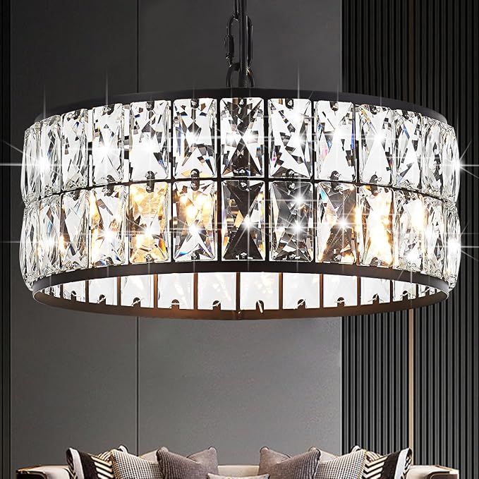 12” 3-Light Modern Crystal Chandeliers Black Dinning Room Light Fixture, Round Pendant Light Kitchen Island Chandelier, Flush Mount Ceiling Light for Living Room Entryway Bedroom Foyer-CasaMuseHome