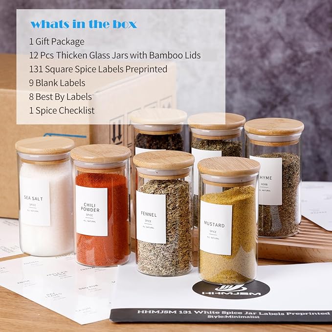 12 Pcs Glass Spice Jars With Bamboo Airtight Lids, 10oz Thicken(2.4mm) Spice Containers With 148 Minimalist Preprinted Waterproof Spice Labels, Kitchen Empty Small Storage Jars For Seasoning, Herb-CasaMuseHome