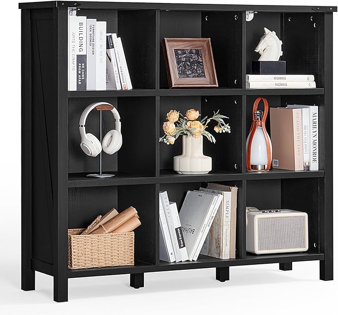 9 Cube Bookcase, Farmhouse 47 Inch Wide Black Bookshelf, Wooden 3 Tier Display Large Open Book Shelf, Vintage Horizontal Book Case for Home Office, Cubby Storage Cabinet for Living Room-CasaMuseHome