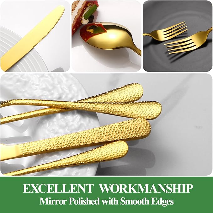 20 Pcs Gold Silverware Set for 4 with Hammered Design, Food Grade Stainless Steel Flatware Set, Eating Utensils Sets Include Fork/Knife/Spoon, Cutlery Set, Dishwasher Safe-CasaMuseHome
