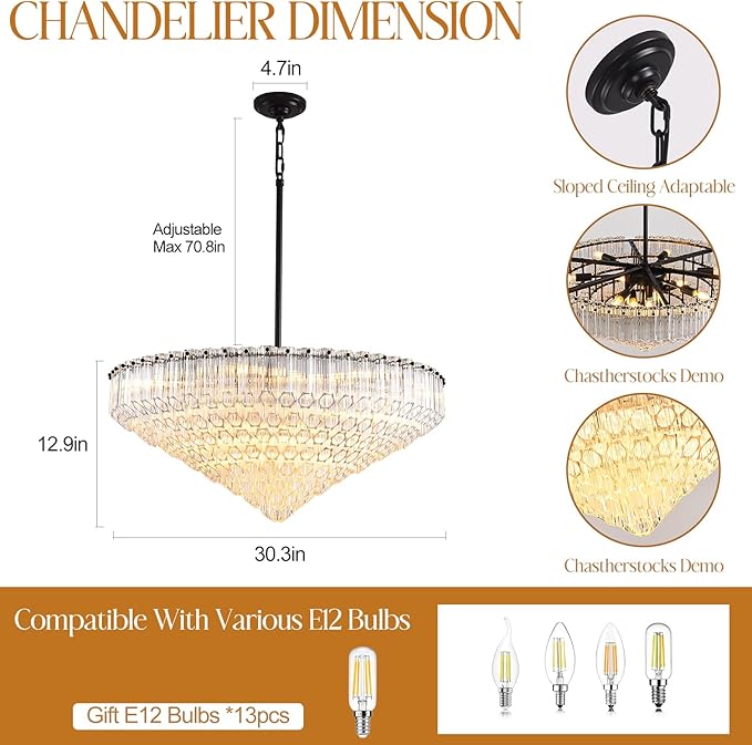 30" Modern Dining Room Chandeliers, 13-Light Clear Crystal Chandeliers, Dimmable Blown Glass Chandelier for Living Room, Round Large Chandelier for High Ceiling, Bedroom, Entryway, Staircase-CasaMuseHome