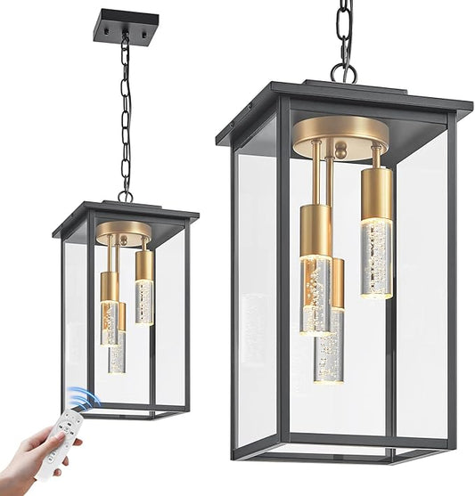 3-Color LED Outdoor Pendant Light with Remote, 3-Light 19" Large Outdoor Chandelier for Porch, Black Gold Exterior Pendant Lighting Fixtures Ceiling Mount Pendant Lantern for Patio Front Door-CasaMuseHome
