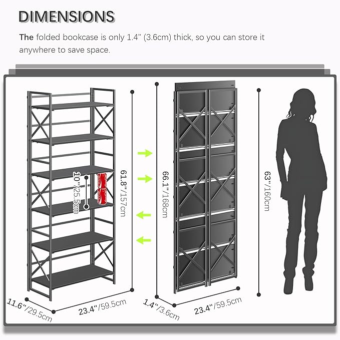 4NM 6 Tiers No Assembly Book Shelves, 61.8" H Folding Bookshelf Bookcase Open Industrial Foldable Shelves for Bedroom, Living Room, Home Office - All Black-CasaMuseHome