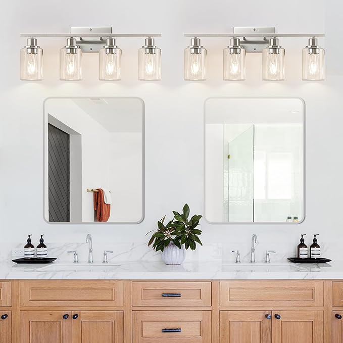 4-Light Bathroom Light Fixtures, Brushed Nickel Vanity Lights with Clear Glass Shades, Modern Bathroom Wall Lamp for Mirror Living Room Cabinet Bedroom Porch-CasaMuseHome