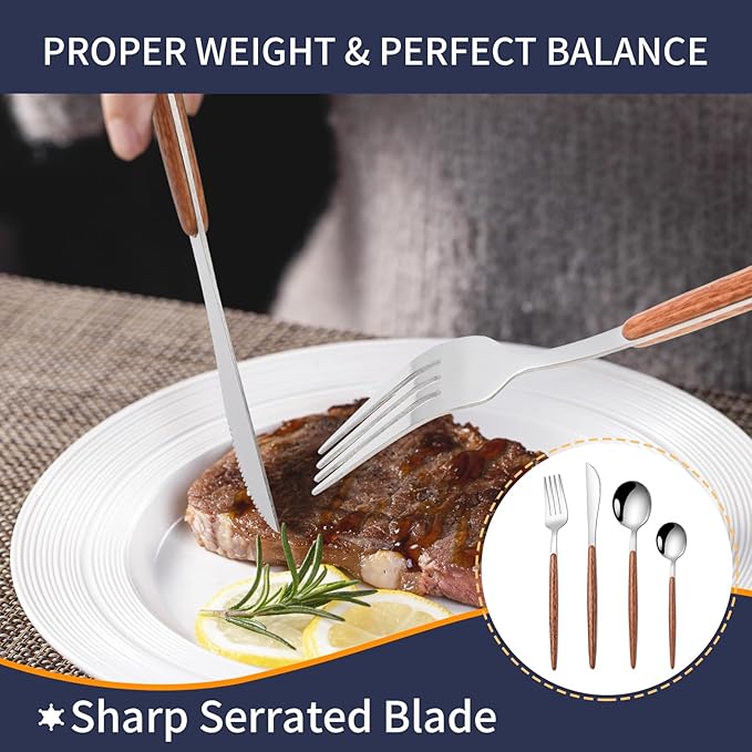 16 PCS Silverware Set for 4,Stainless Steel Flatware Cutlery Eating Utensils Set with Wood Grain Handle,Steak Knives Forks and Spoons for Home,Party,Mirror Polished and Dishwasher Safe-CasaMuseHome