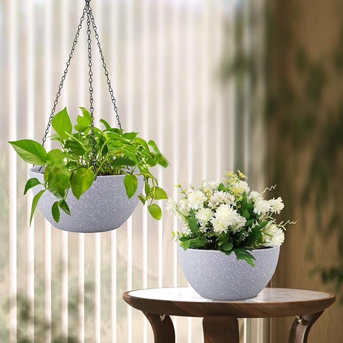 8 inch Small Hanging Planters for Indoor Outdoor Plants, 2 Pack Hanging Flower Pots with Drainage Holes and Chain for Garden Porch, Plastic Hanging Baskets for House Plants, Speckled Grey-CasaMuseHome