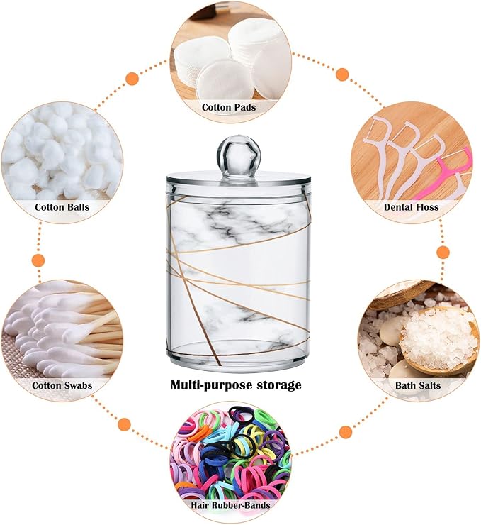 2 Pack Qtip Holder Dispenser White Marble Gold Line Bathroom Storage Canister Lid Acrylic Plastic Apothecary Jar Set Vanity Makeup Organizer for Cotton Swabs/Pads/Floss-CasaMuseHome