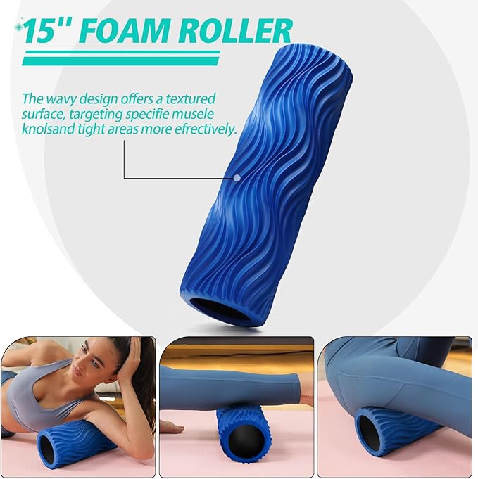 5-in-1 Foam Roller Set, Massage Roller Stick, Massage Ball, Resistance Band for Deep Muscle Massage, Trigger Point Release, Pilates, Yoga (Blue-Wave)-CasaMuseHome