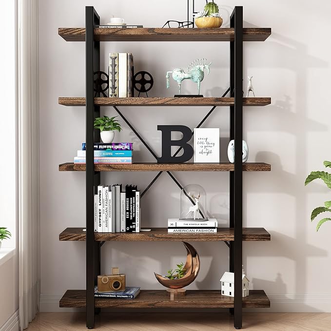 5-Tier Industrial Style Solid Wood Bookcase and Book Shelves,Rustic Wood and Metal Shelving Unit， Living Room,Modern Rustic Open Industrial Book Shelf Office,Distressed Brown (AY-02-5Tier)-CasaMuseHome