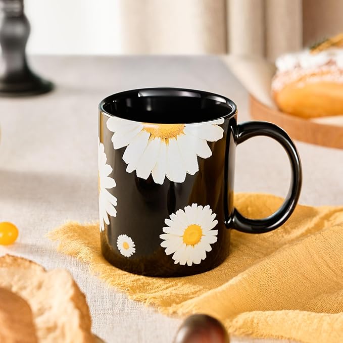 12Oz Daisy floral Black Ceramic Mug, Mug for Daily Coffee and Tea, Lead-free Microwave and Dishwasher Safe Coffee Mug, Perfect gifts for Women and men-CasaMuseHome