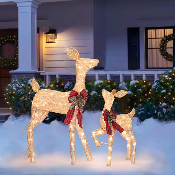 2 Pcs Reindeer Christmas Decoration, Xmas Lighted Golden Shimmering Doe and Fawn Display Set with 105 Warm White Lights for Yard Lawn Indoor Outdoor-CasaMuseHome