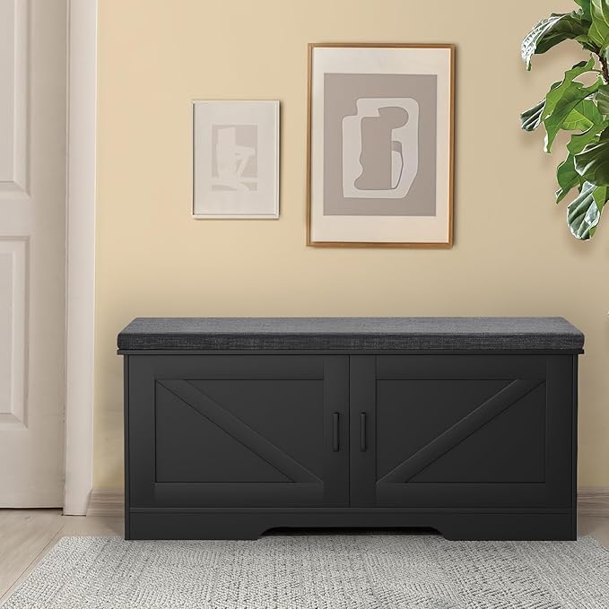2-Tier Storage Bench, Shoe Bench with Padded Seat Cushion, Entryway Bench with 2 Barn Doors, Adjustable Shelf, 13.8" D x 39.4" W x 17.7" H, for Entryway, Living Room, Bedroom, Black-CasaMuseHome